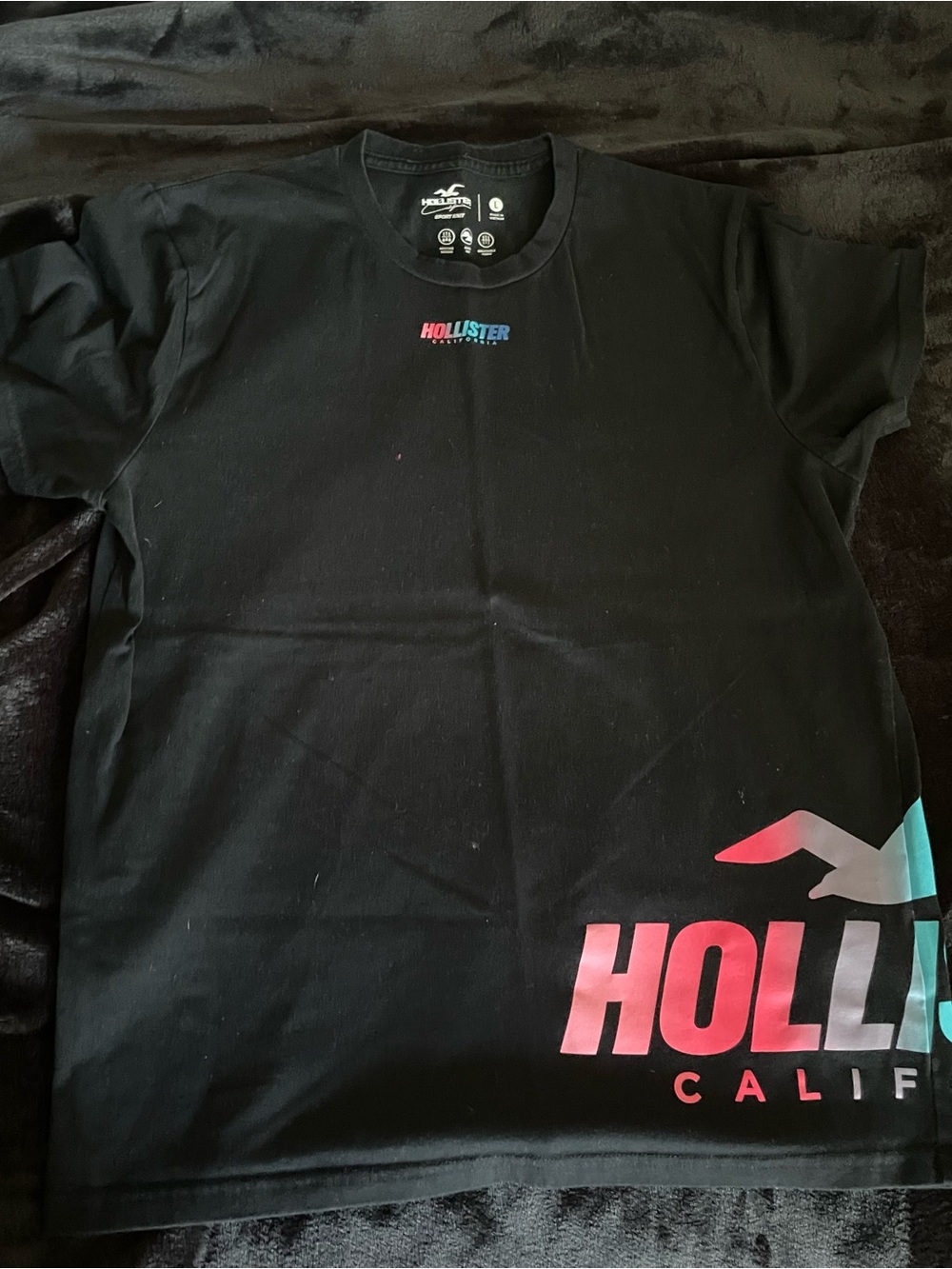 Hollister Black Tee with Pink and Teal Gradient Logo